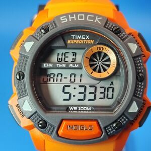 Vintage 2010 Timex Expedition Indiglo Y2K Shock Orange 42mm Mens Quartz Watch